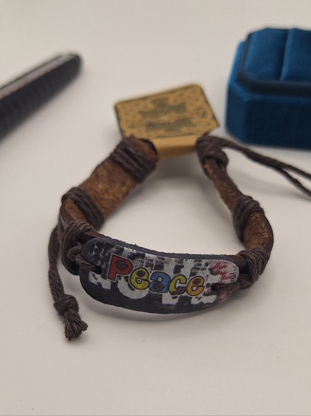 Unisex Peace Bracelet Brown Faux Leather Cord Boho Hippie Adjustable